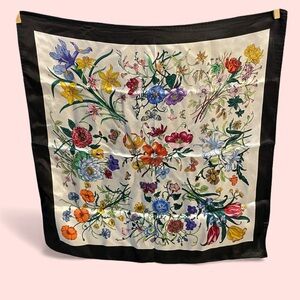 Stunning silk floral scarf black trim 21”x21” square head neck bag butterflies